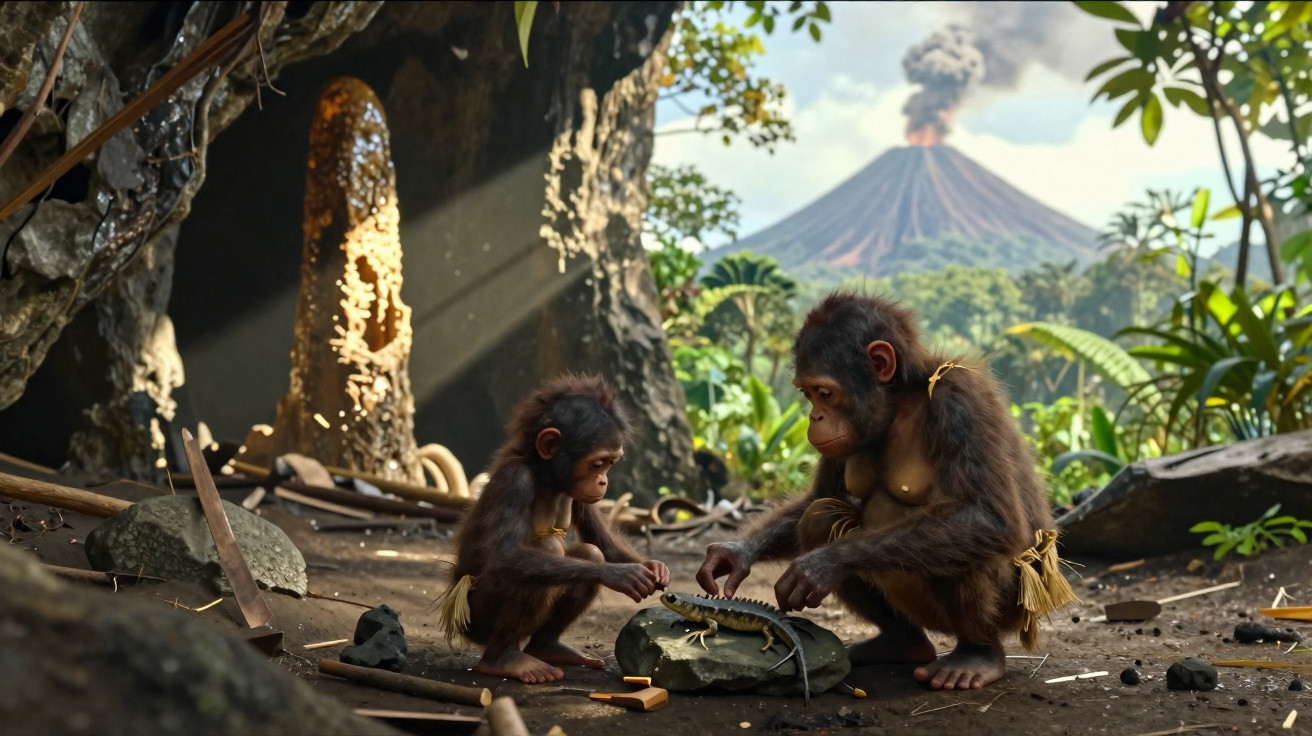 Dois chimpanzés sentados no chão a usar ferramentas, com vulcão em erupção ao fundo e vegetação.