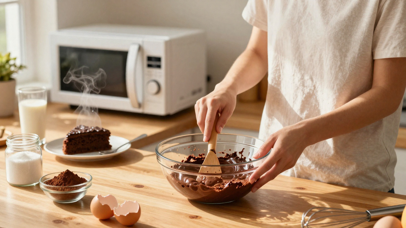 Pessoa a mexer mistura de chocolate numa taça de vidro numa cozinha com ingredientes e fatia de bolo.