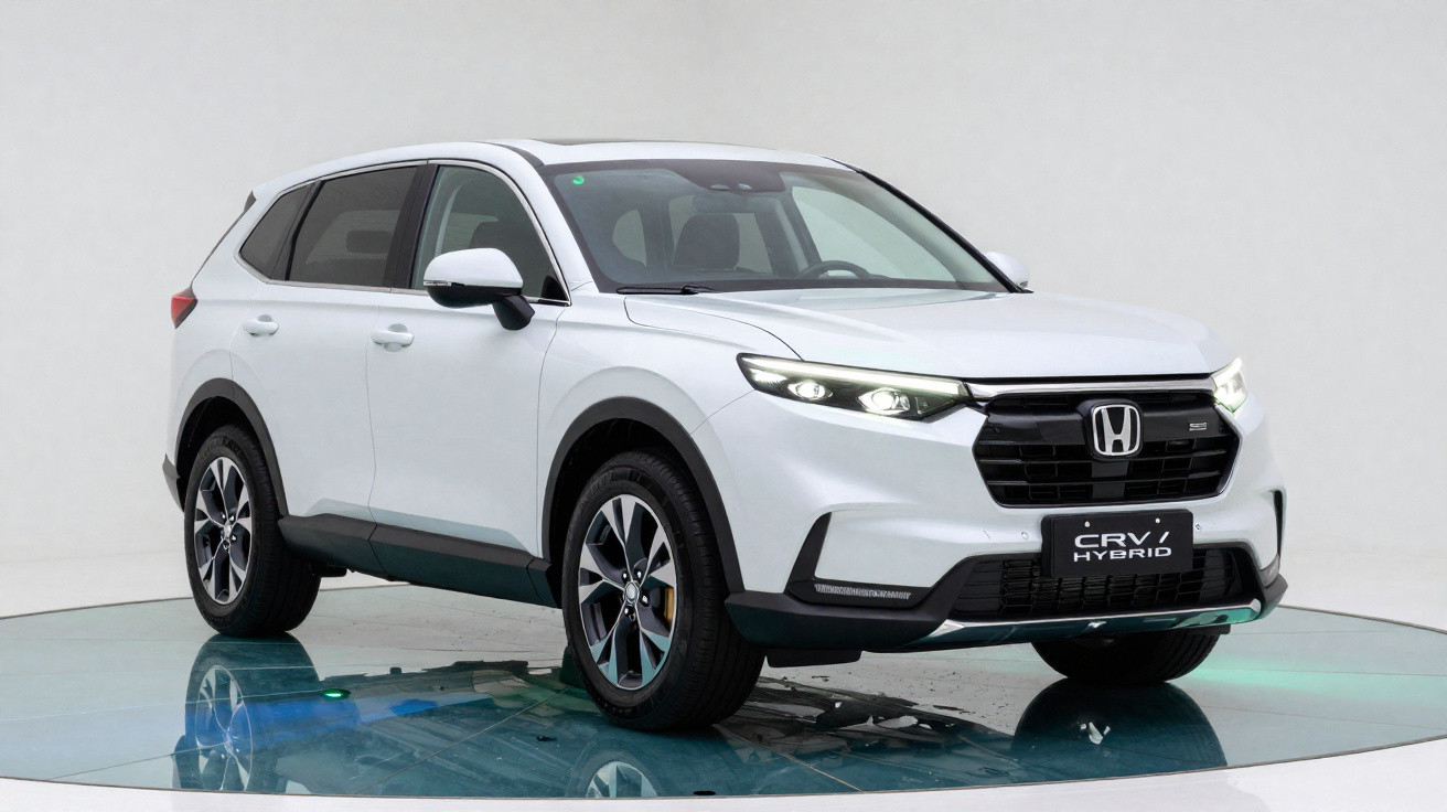 SUV Honda CR-V Hybrid branco, vista frontal direita, em fundo branco e superfície refletora azul.