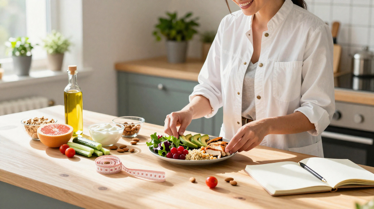 Mulher prepara salada saudável com legumes, frutos secos e azeite numa cozinha moderna e iluminada.