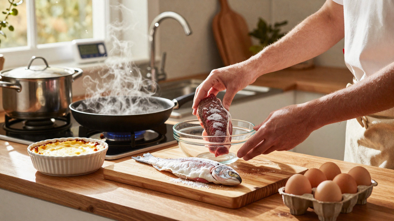 Pessoa a temperar carne com sal numa cozinha moderna com peixe, ovos, e comida a cozinhar no fogão.