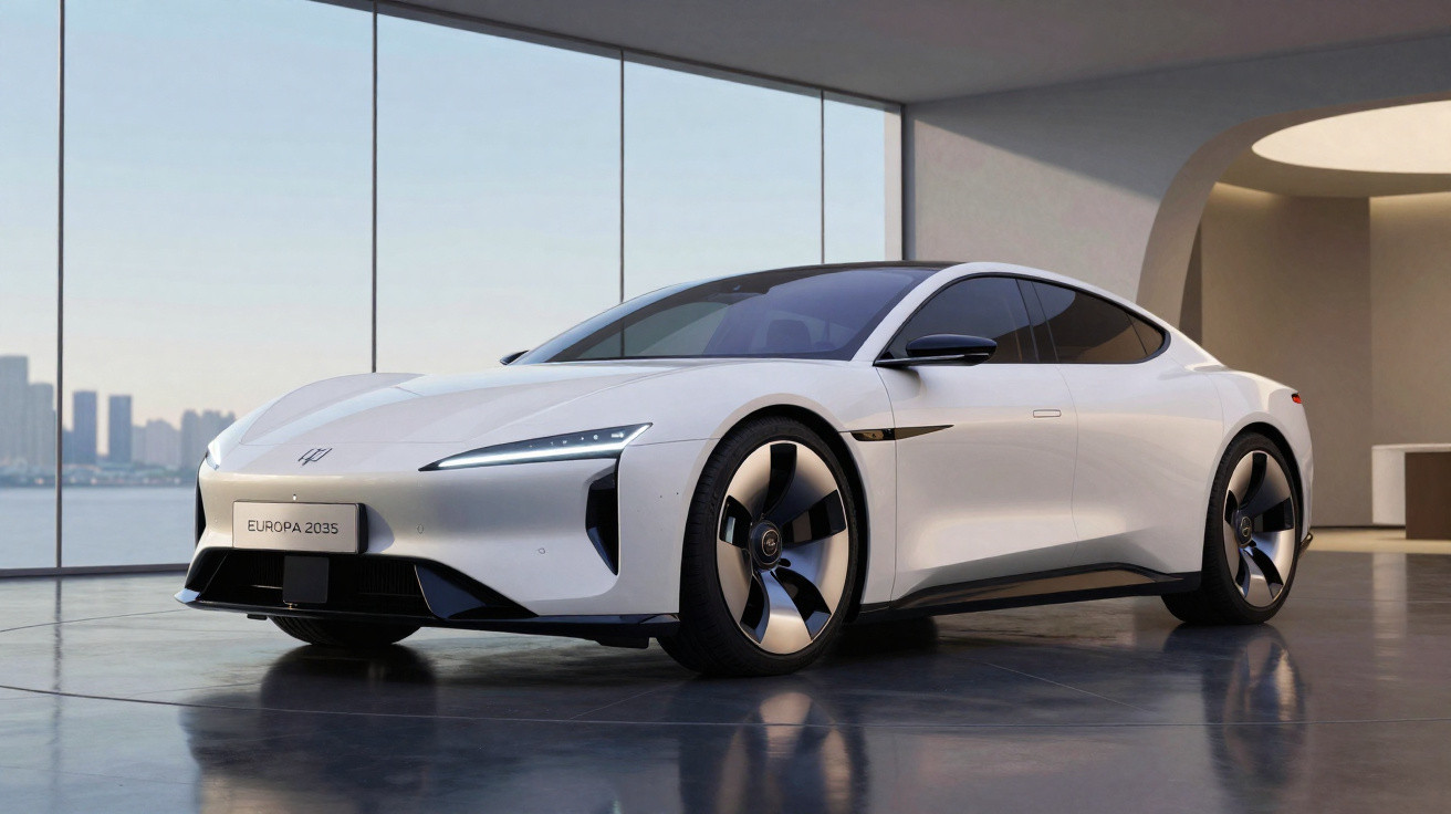 Carro elétrico desportivo branco com design aerodinâmico, janelas escuras e rodas modernas numa sala luminosa.