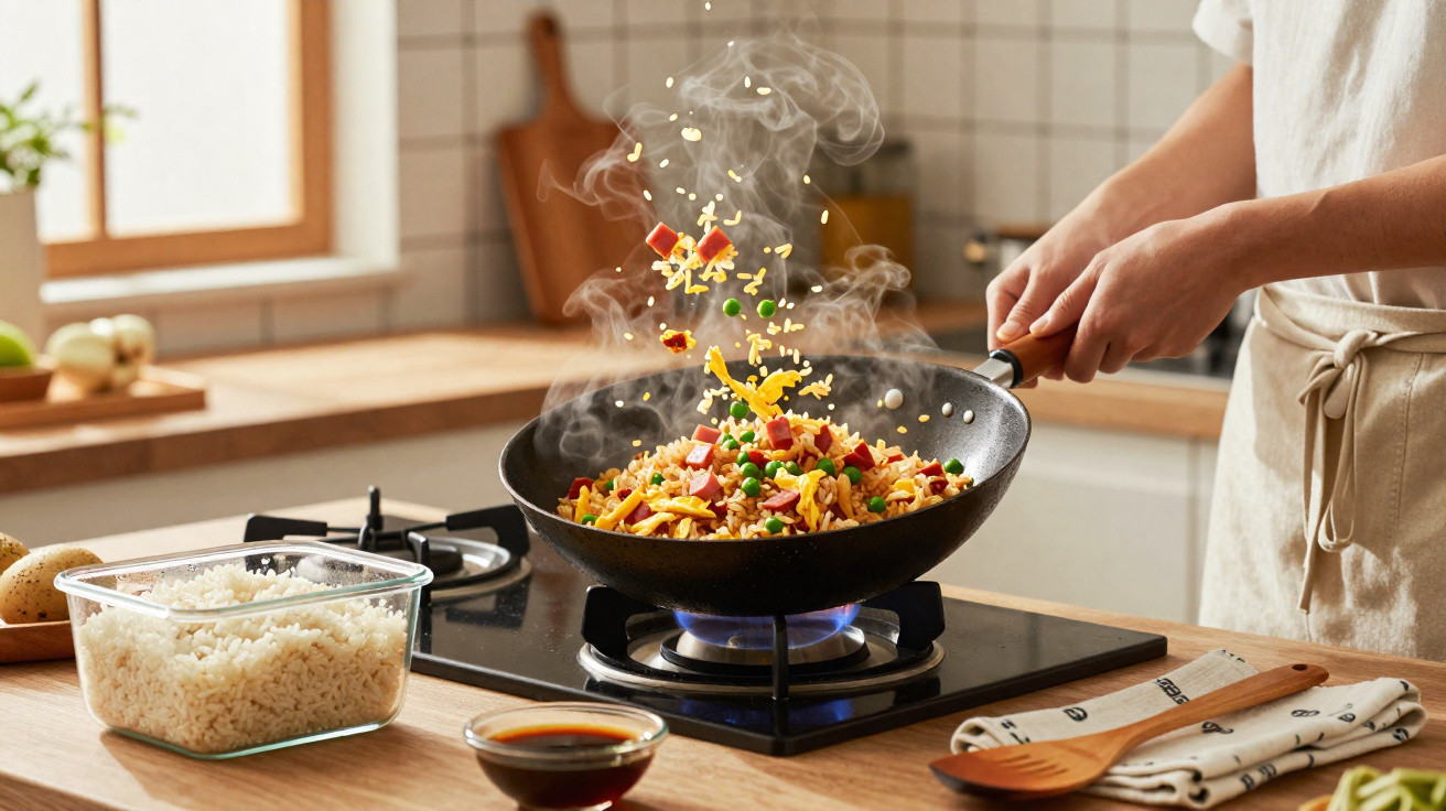 Pessoa a cozinhar arroz frito com legumes e fiambre numa wok sobre fogão a gás numa cozinha moderna.