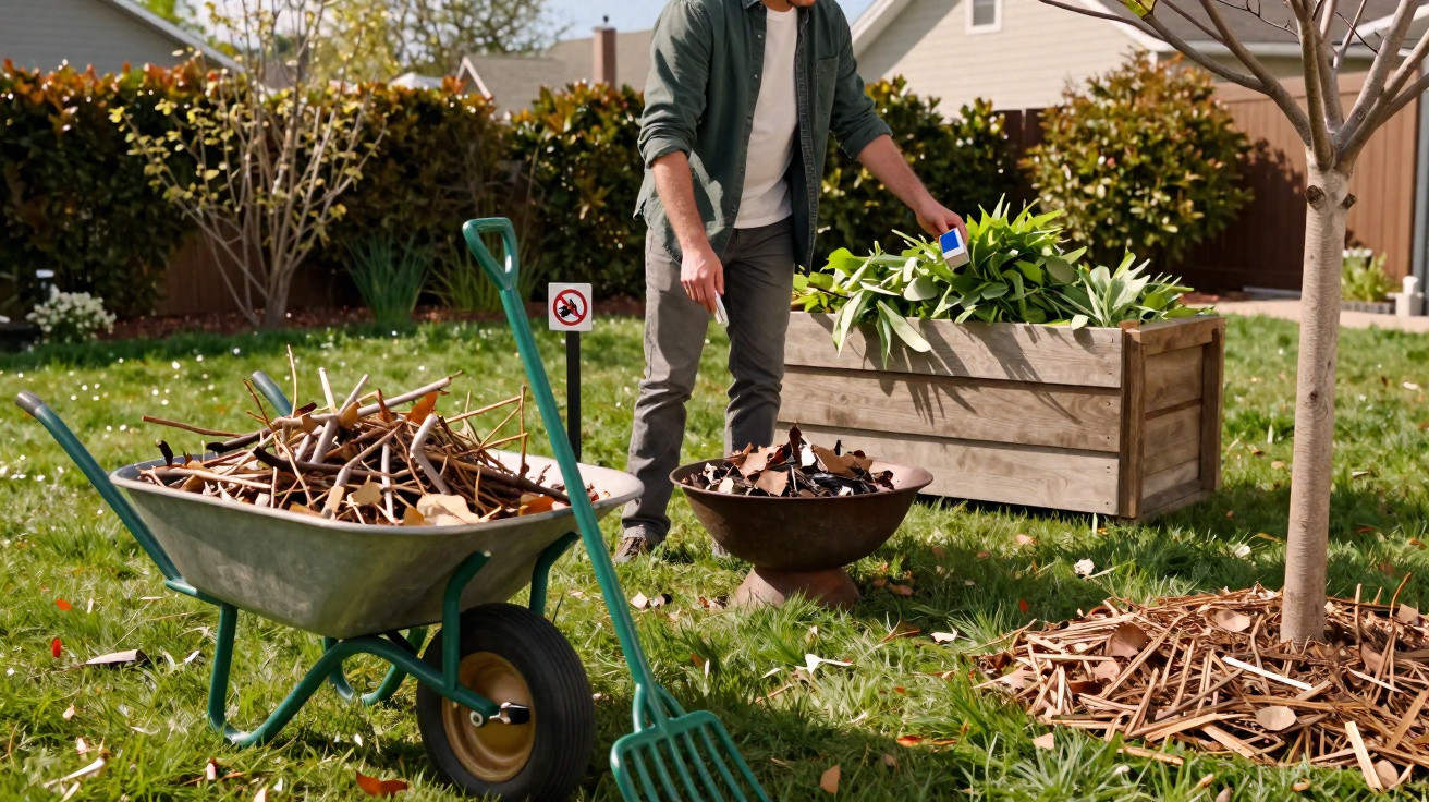 Homem a cuidar de plantas num jardim com carrinho de mão, forquilha e caixa de madeira com folhas.