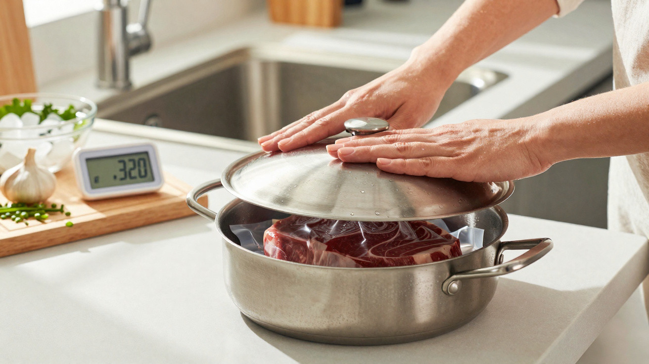 Pessoa a tapar carne crua num tacho de inox numa cozinha moderna com faca, alho e temporizador no balcão.