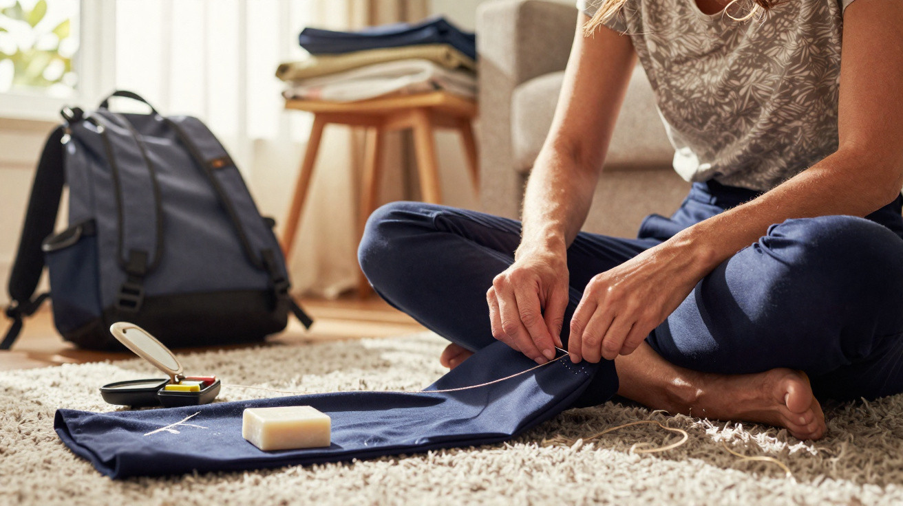 Pessoa sentada no chão a coser roupa com materiais de costura e mochila ao fundo.