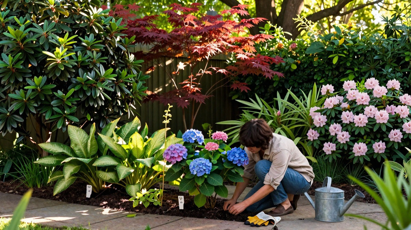 Pessoa a cuidar de flores azuis e rosa num jardim com várias plantas e regadeira metálica.