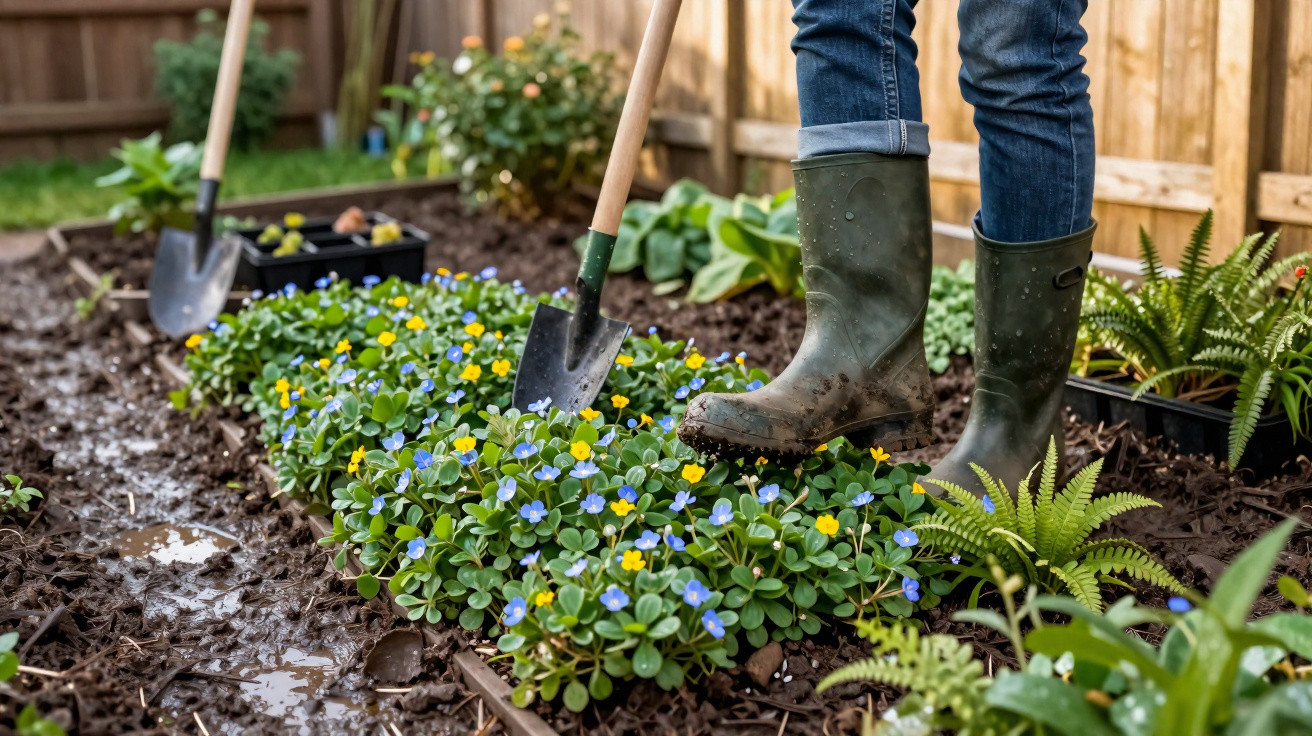 Pessoa de botas a trabalhar num jardim com plantas floridas, segurando uma pequena enxada.