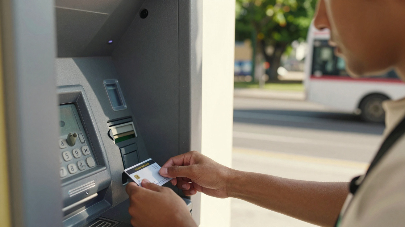 Pessoa a utilizar cartão num multibanco ao ar livre numa rua com autocarro ao fundo.