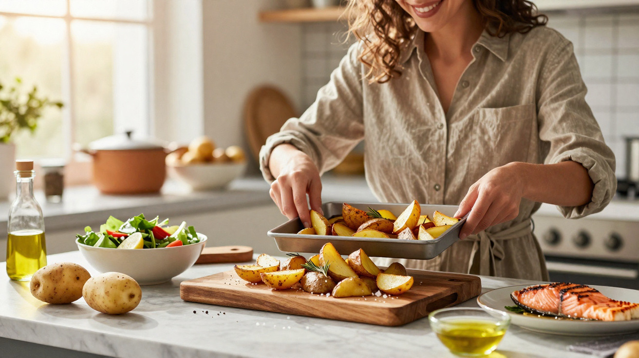 Mulher a servir batatas assadas em tabuleiro numa cozinha com salada e peixe grelhado na bancada.