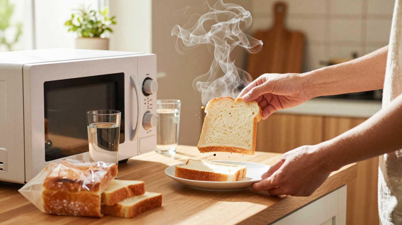 Pessoa a tirar fatia de pão quente a fumegar de um prato na cozinha junto a micro-ondas.