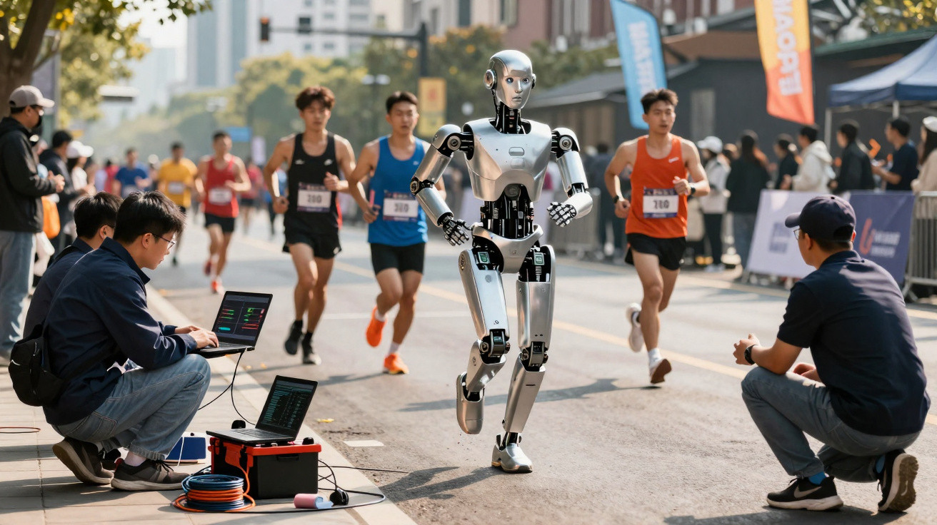 Robot a correr numa prova de atletismo com corredores humanos e técnicos a acompanhar dados.