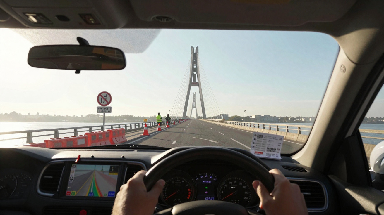 Vista do interior de um carro a aproximar-se da ponte, com mãos no volante e trabalhadores na estrada em obras.