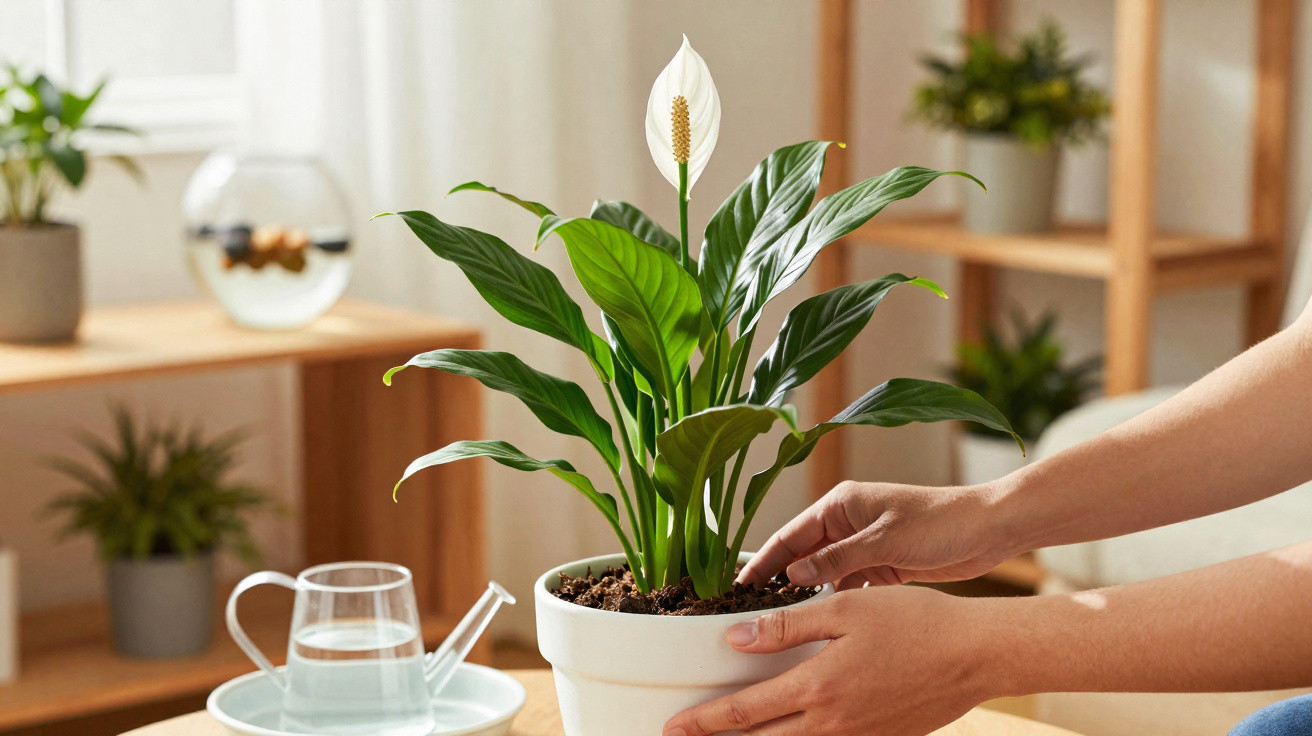 Pessoa a cuidar de planta com flor branca num vaso branco dentro de casa, com regador ao lado.