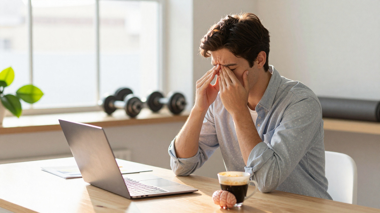 Homem sentado numa mesa a esfregar os olhos com as mãos, com computador portátil e café à frente.