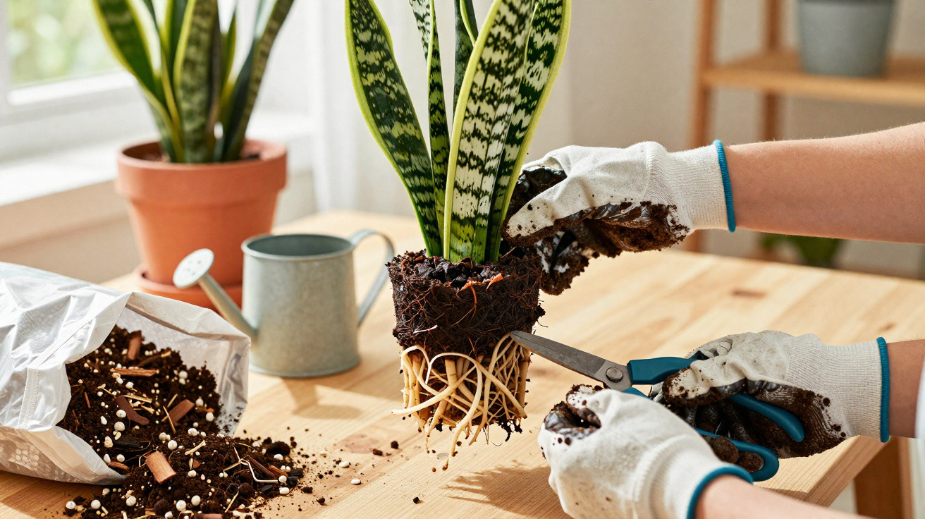 Pessoa a podar raízes de planta com luvas, ao lado de terra e regador numa mesa de madeira.