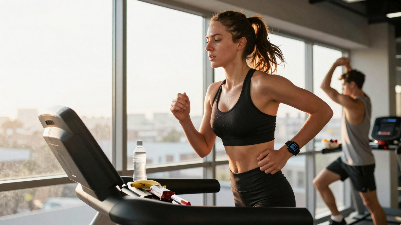 Mulher a correr numa passadeira numa ginásio com janela grande, ao lado de homem a alongar-se.