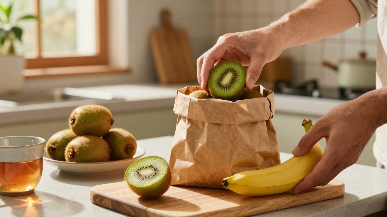 Mãos a colocar kiwis e uma banana num saco de papel numa cozinha iluminada, com chá e mais kiwis ao fundo.