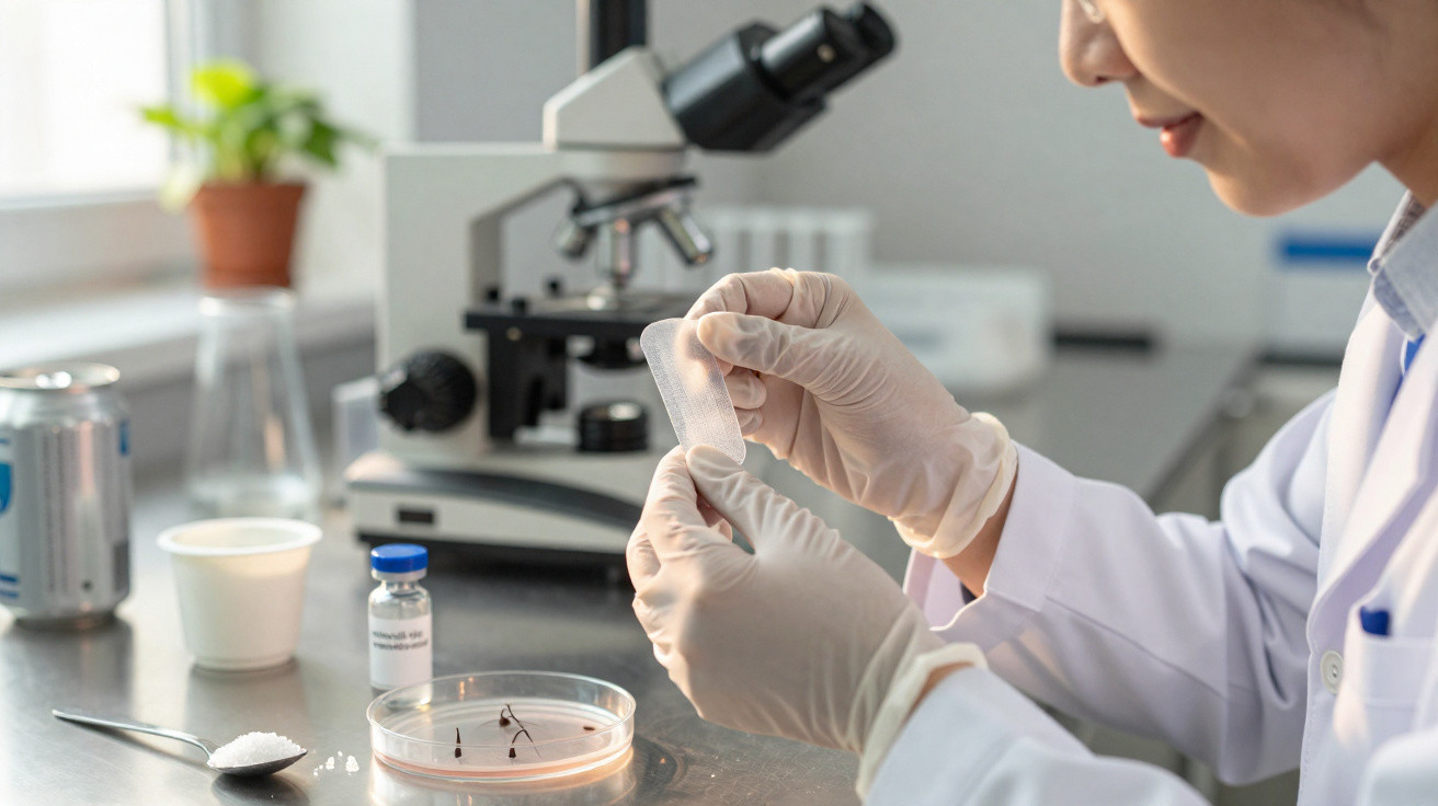 Cientista de luvas a segurar uma lâmina para microscópio numa bancada de laboratório com vários utensílios.