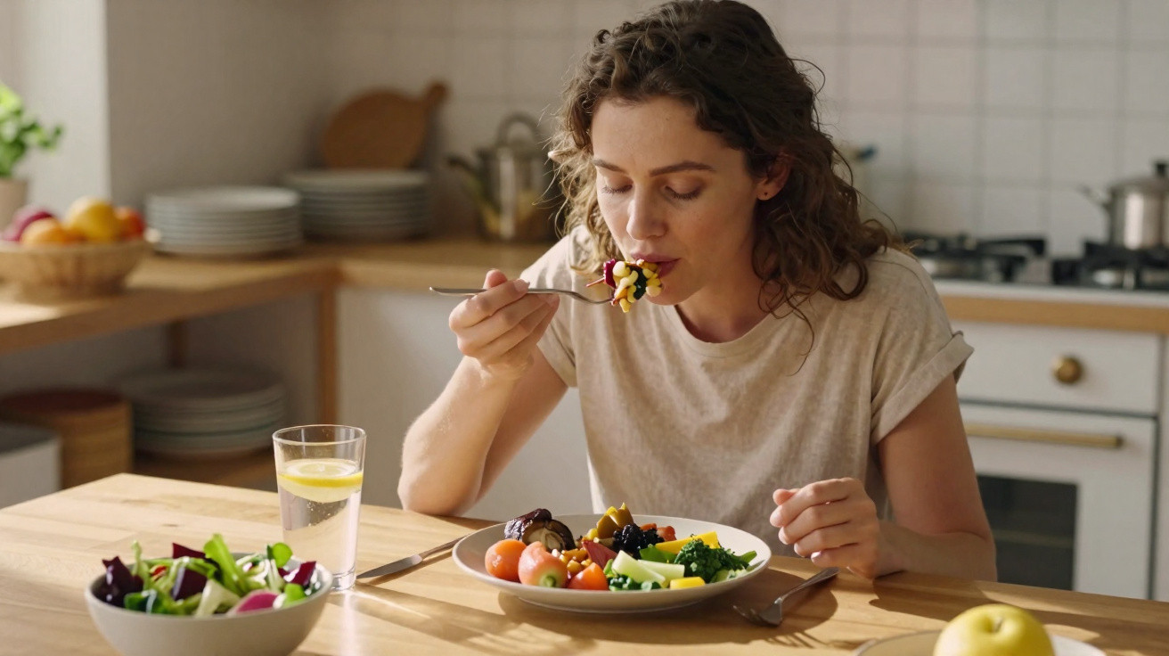 Mulher a saborear uma refeição saudável com legumes, tomate-cereja e água com limão na cozinha.