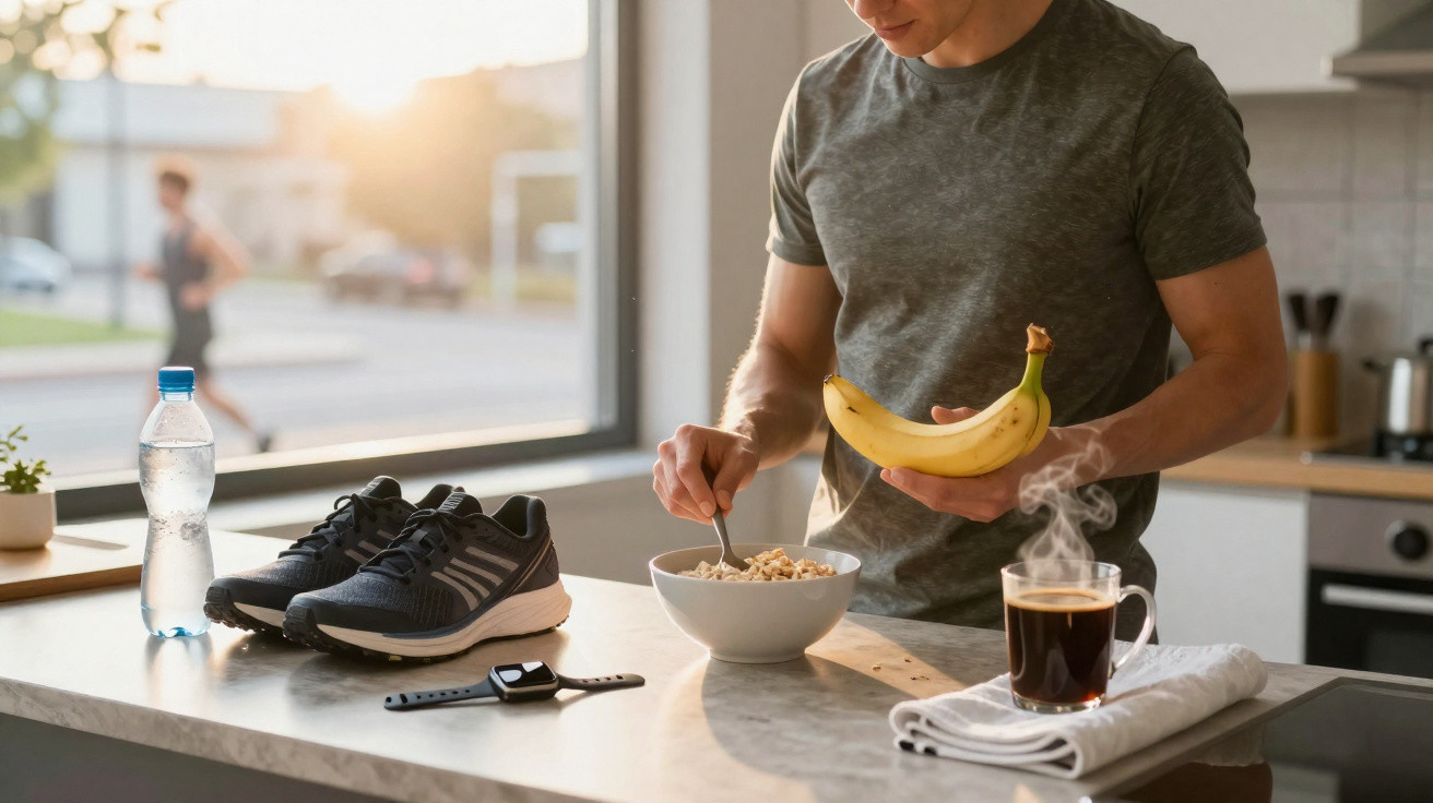 Homem a preparar pequeno-almoço saudável com banana, cereais e café, ténis e garrafa de água ao lado.