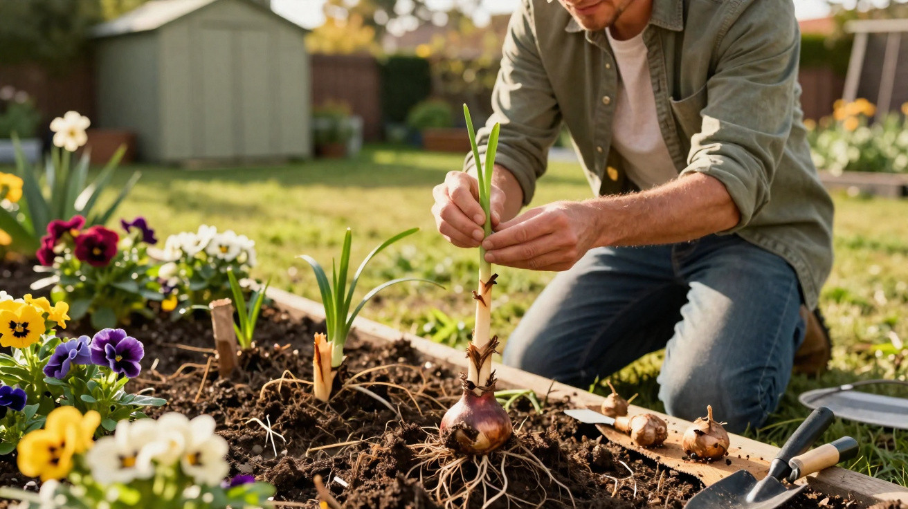 Homem a plantar cebolas num canteiro de jardim com flores coloridas ao redor.