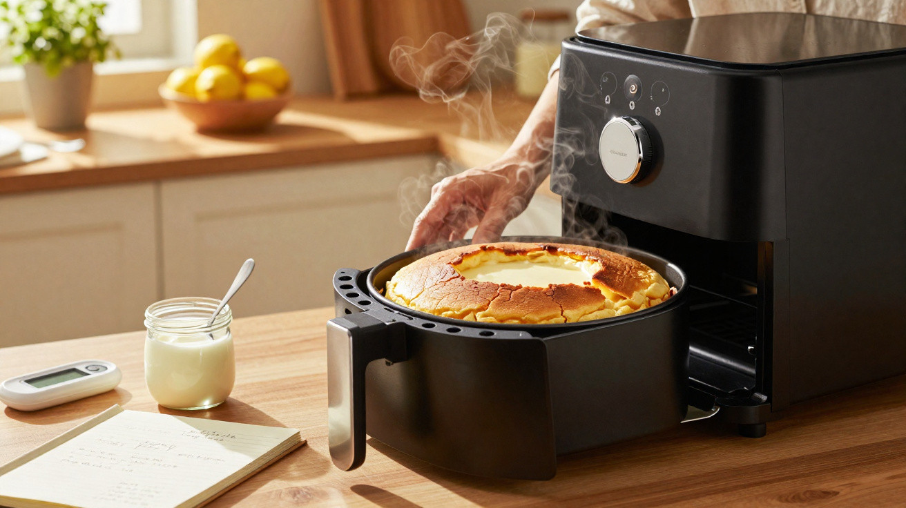 Pessoa a retirar bolo acabado de sair de air fryer preta numa cozinha iluminada.