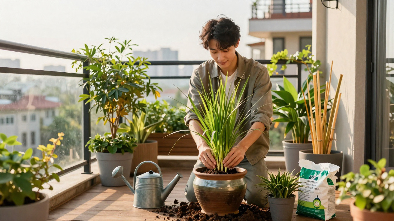 Pessoa a cuidar de plantas num terraço ensolarado com regador e saco de terra ao lado.