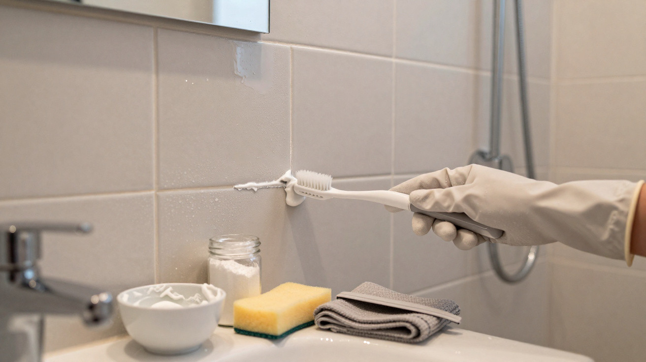 Mão com luva a limpar rejuntes de azulejo no banheiro com escova de dentes branca e creme.