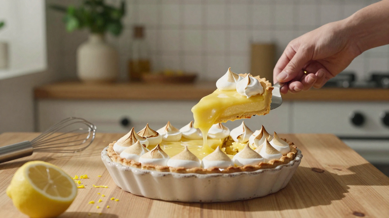 Tarte de limão com cobertura de suspiro, fatia a ser retirada numa cozinha, limão cortado ao lado.