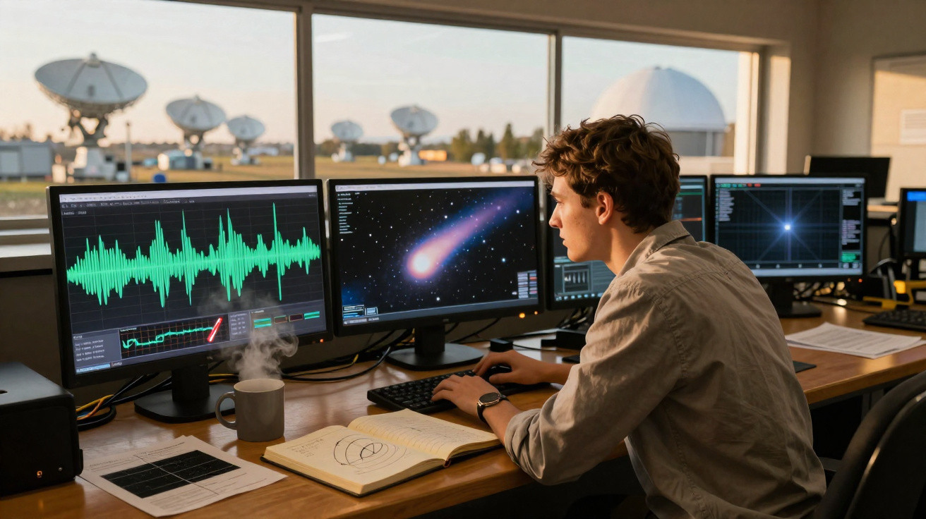Jovem cientista observa dados e imagem de cometa em monitores numa sala com antenas parabólicas ao fundo.