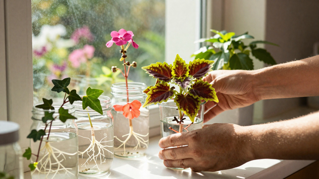 Mãos a cuidar de plantas com raízes em frascos de vidro numa janela iluminada pelo sol.