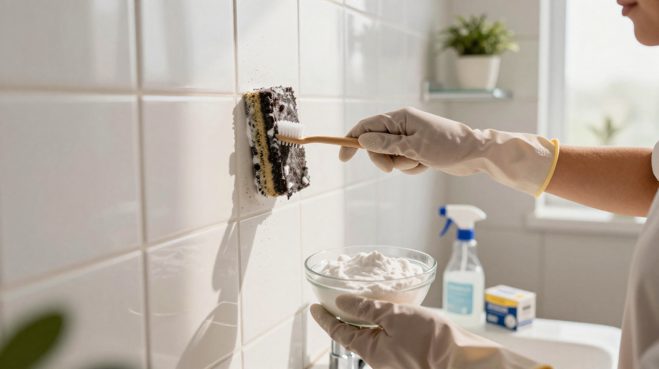 Pessoa a limpar azulejos de casa de banho com esponja, luvas e produtos de limpeza.