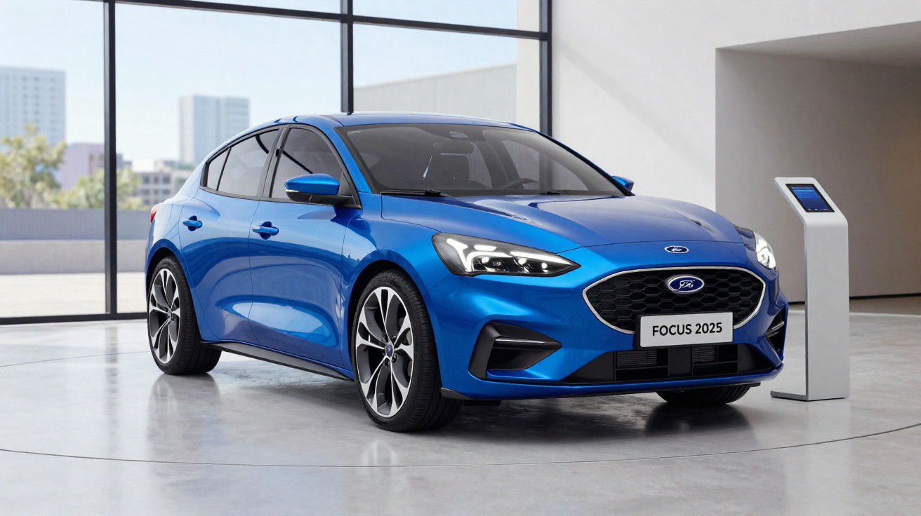 Carro Ford Focus 2025 azul exibido em showroom moderno com vidros grandes e chão cinzento.
