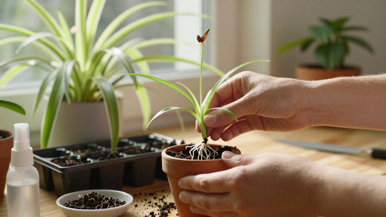 Mãos a plantar muda de planta com raízes expostas em vaso de barro, com outras plantas e sementes ao fundo.