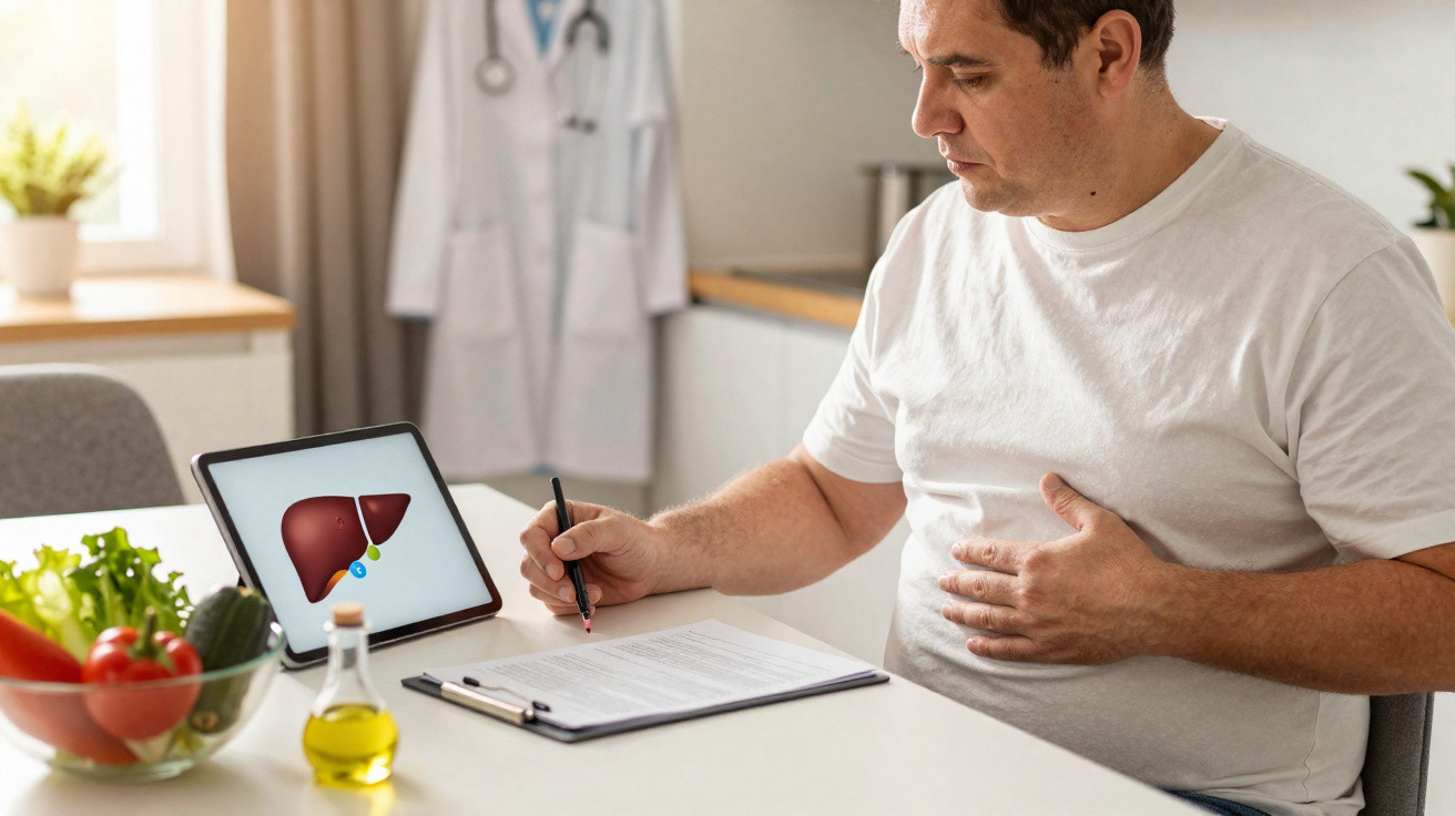 Homem com mão na barriga consulta informação sobre fígado num tablet, com vegetais e azeite na mesa.