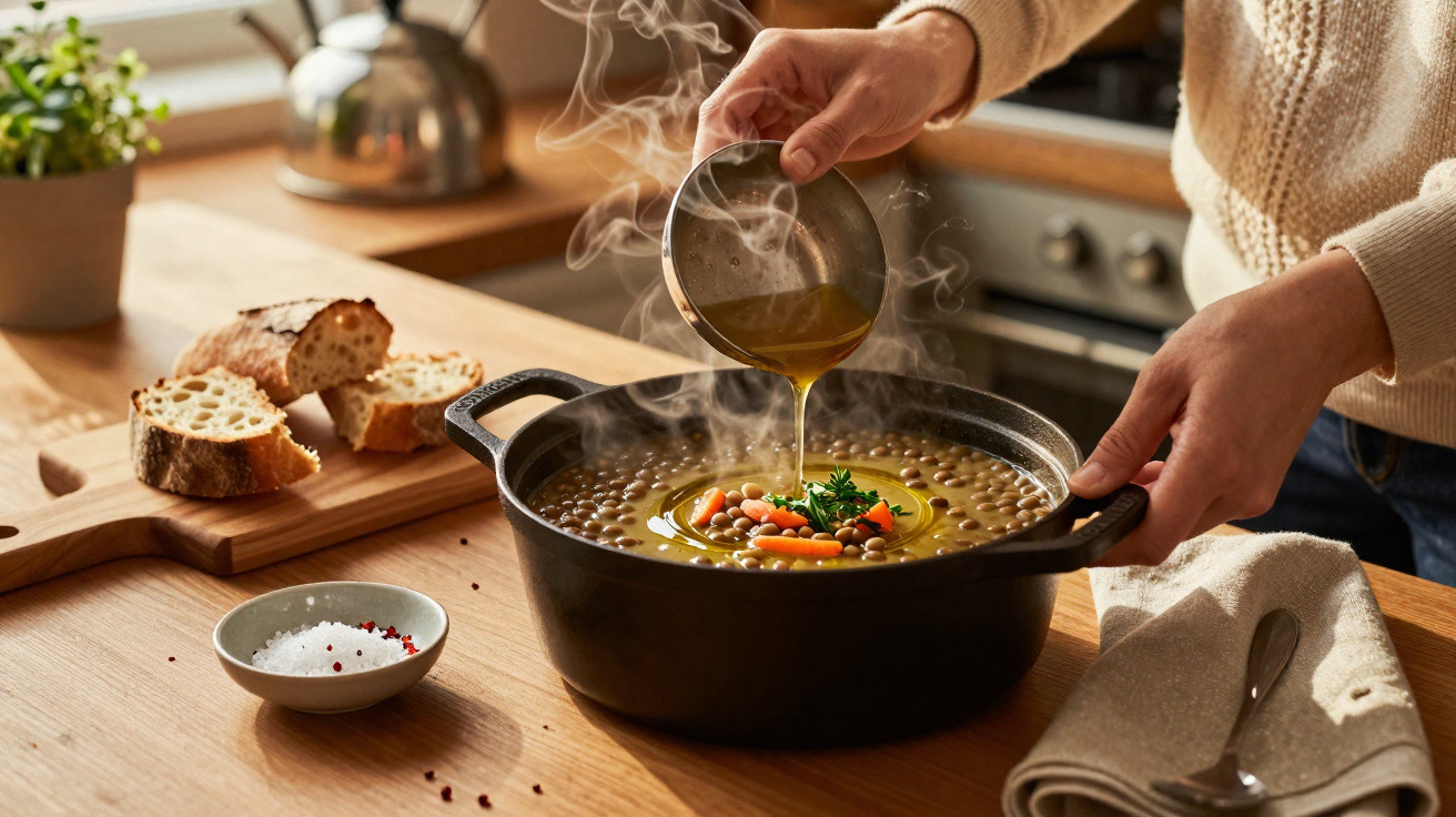 Pessoa a deitar azeite numa panela com sopa quente de legumes na cozinha, com pão e temperos na mesa.