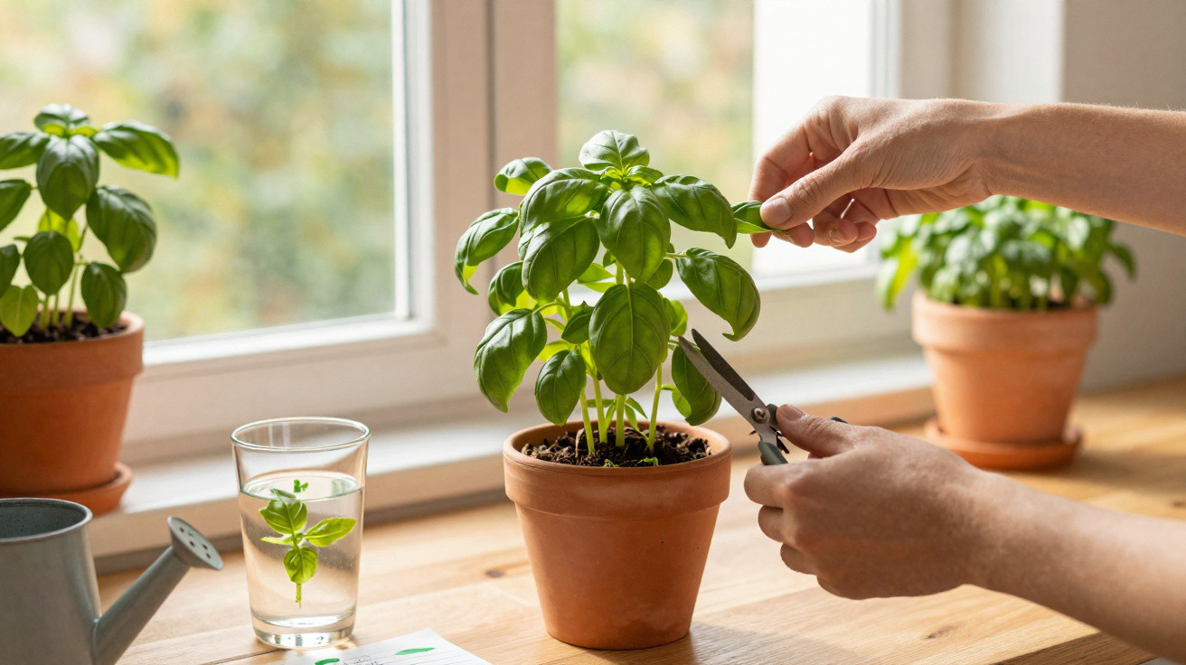 Pessoa a podar uma planta de manjericão em vaso junto a uma janela com luz natural.