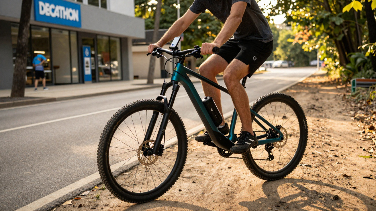 Pessoa a andar de bicicleta elétrica preta com loja Decathlon ao fundo numa rua com sombra de árvores.