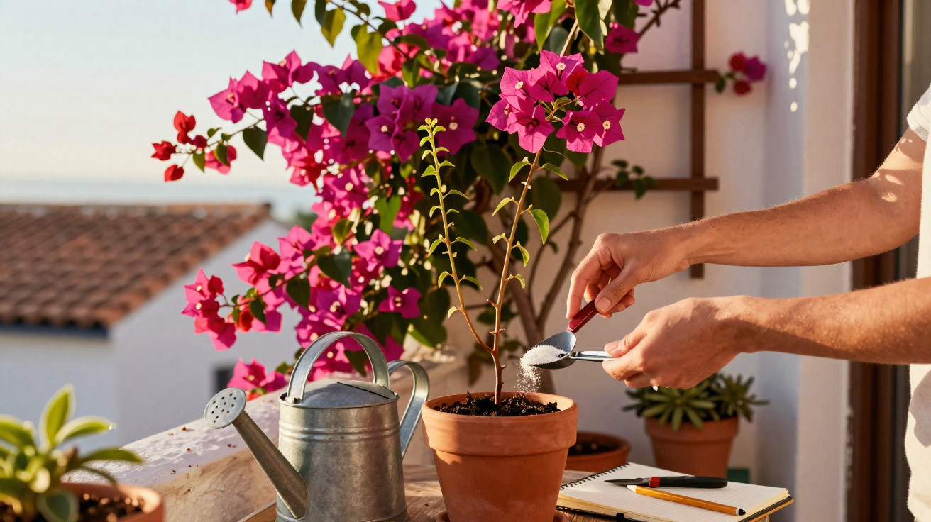Pessoa a colocar fertilizante em planta jovem num vaso castanho com flores rosas ao fundo.
