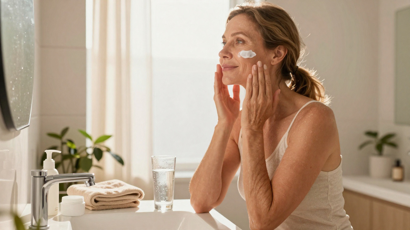 Mulher em camisola aplica creme hidratante no rosto junto a uma pia de casa de banho com luz natural.