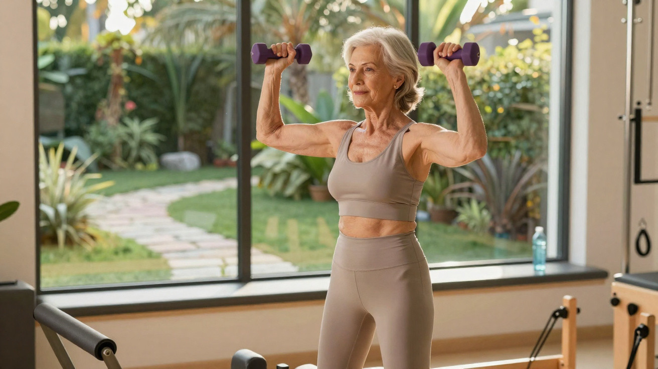Mulher sénior a fazer exercício com halteres num ginásio com vista para um jardim.