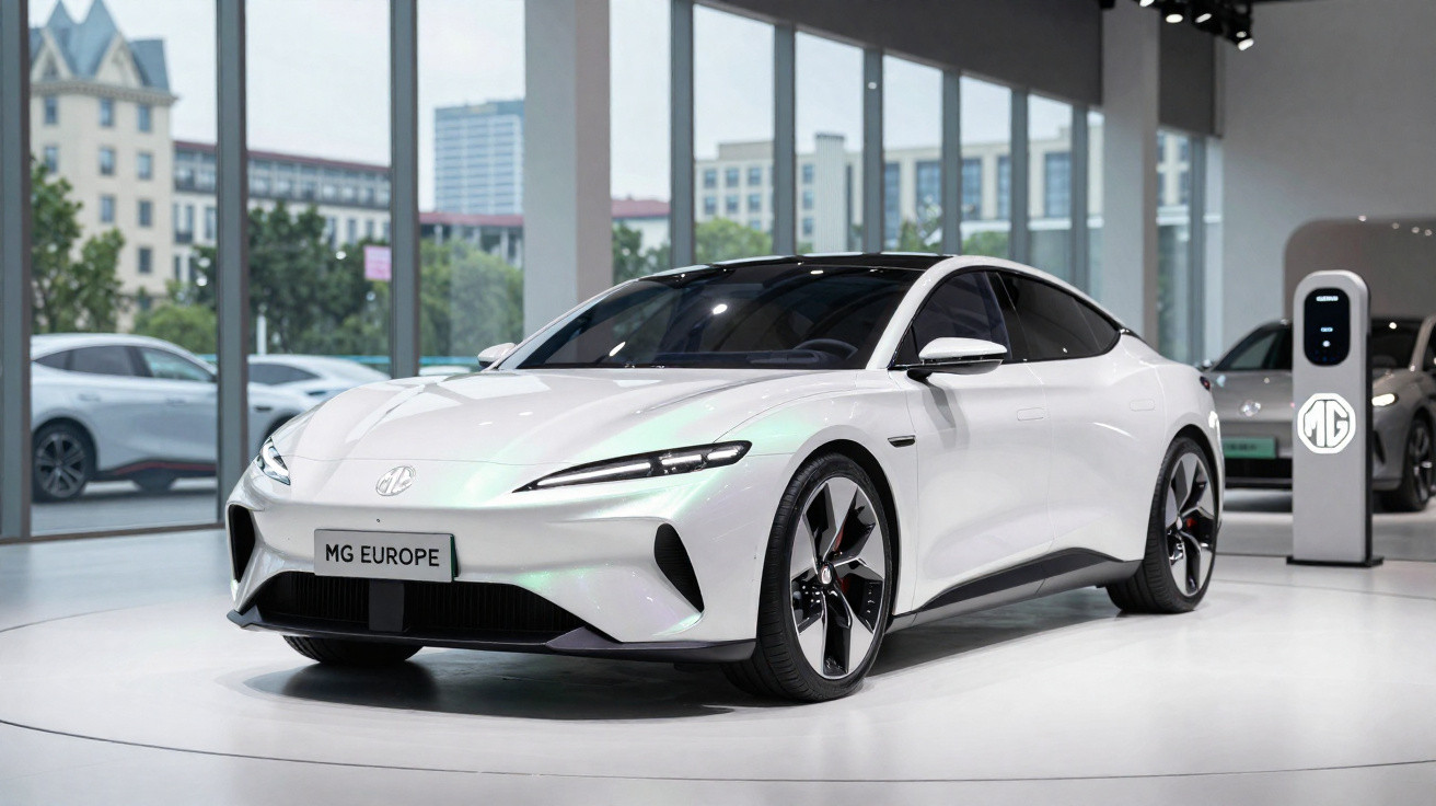 Carro elétrico branco MG Europe em exposição numa sala moderna com vidros grandes e outros carros ao fundo.