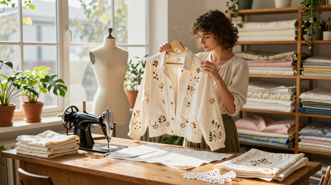 Mulher a examinar camisa com bordados numa oficina de costura iluminada por luz natural.
