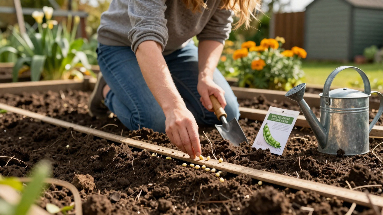 Pessoa a semear sementes em terra num jardim com regador metálico e flores ao fundo.