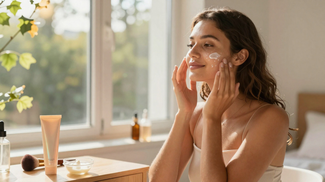 Mulher jovem a aplicar creme facial num quarto iluminado pela luz natural da janela.