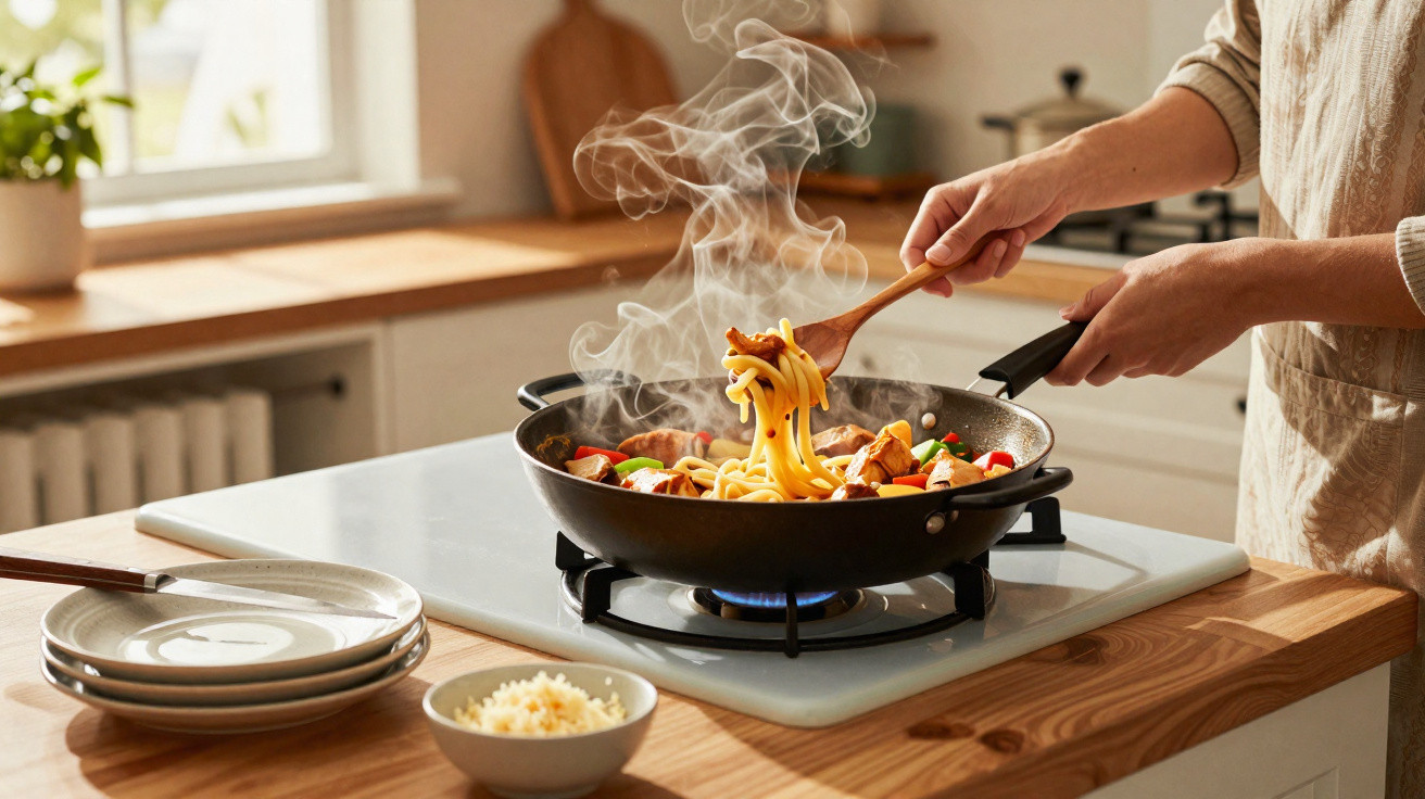 Mãos a cozinhar massa fumegante com legumes numa frigideira sobre fogão na cozinha iluminada.