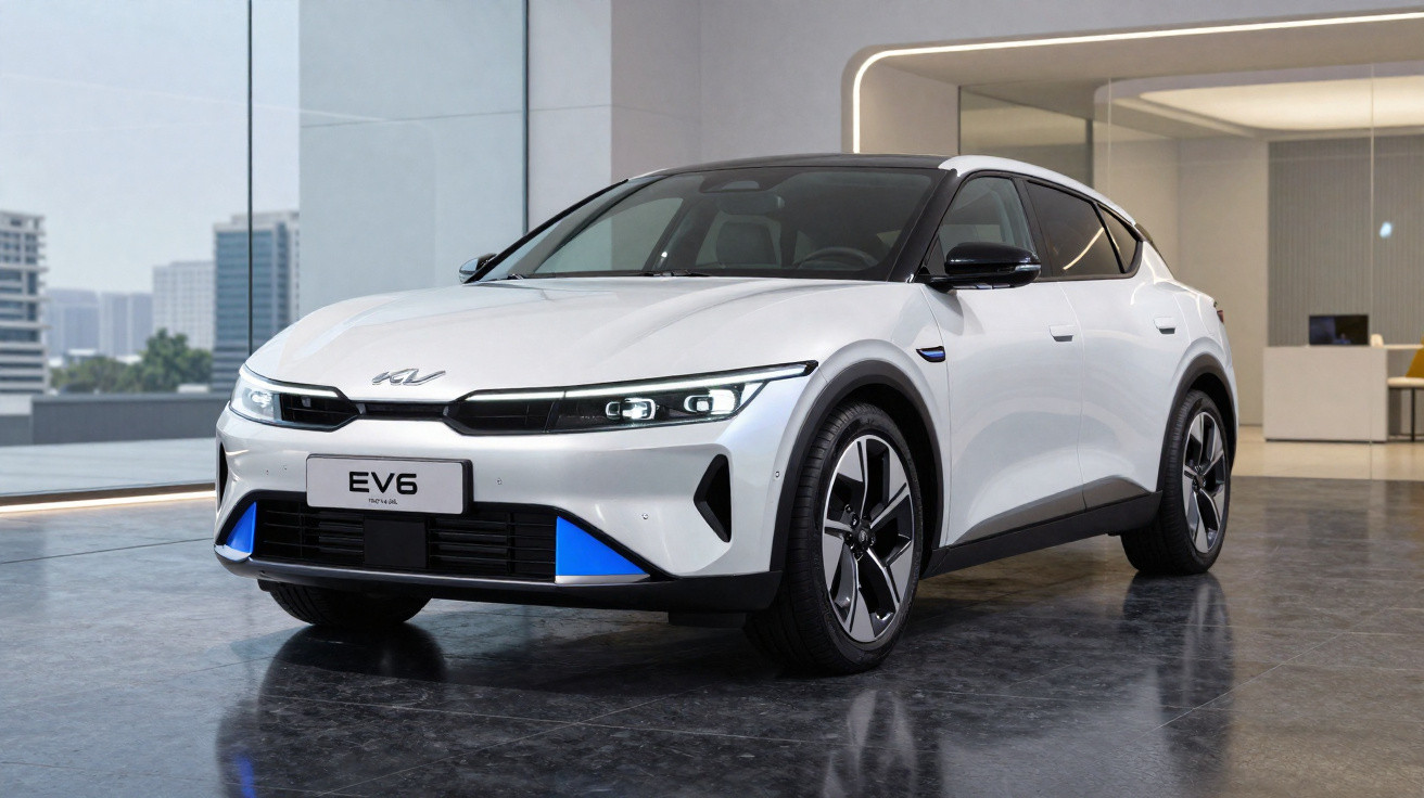Carro elétrico branco Kia EV6 estacionado em ambiente moderno e minimalista com vidro e luz natural.