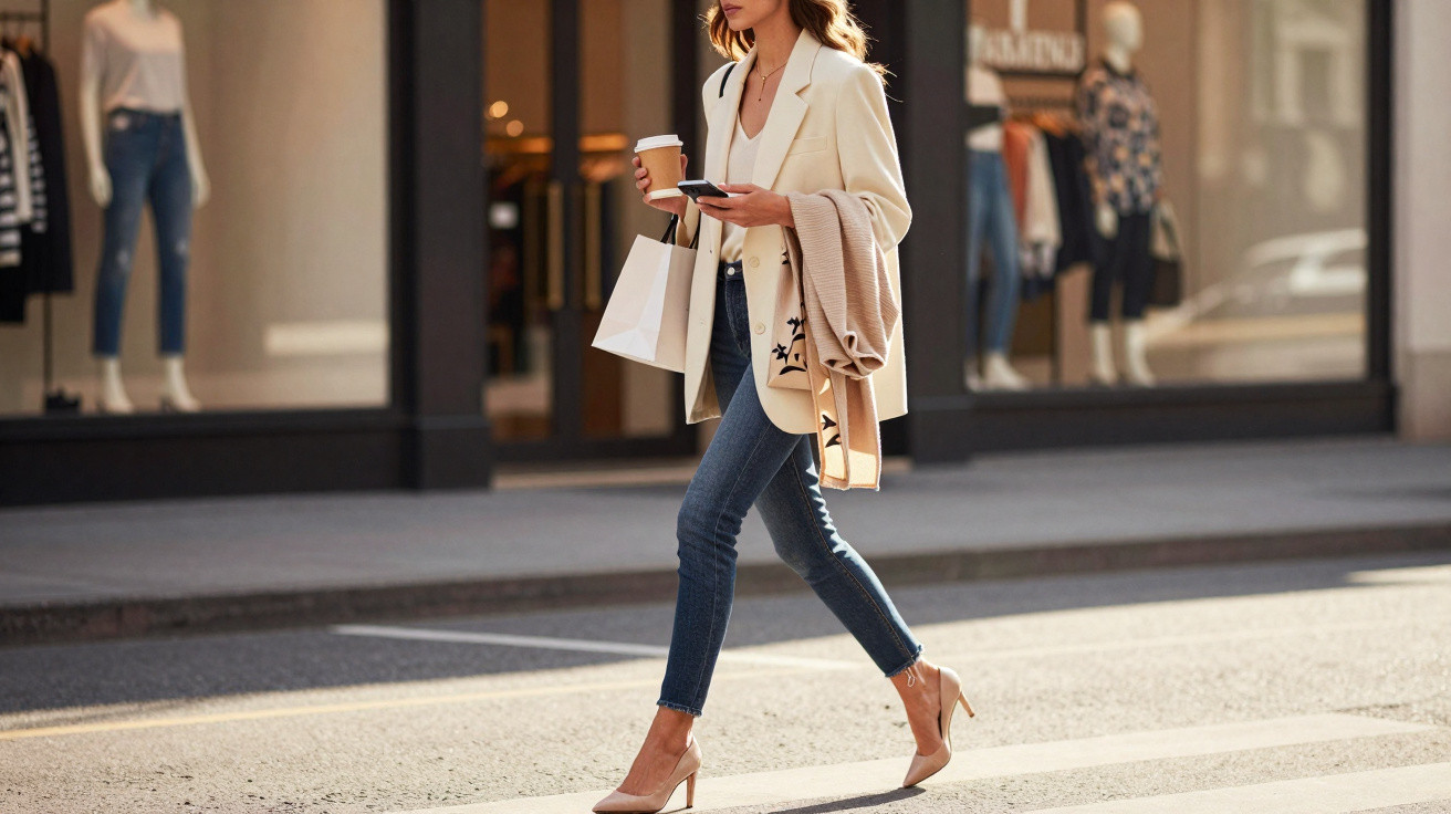 Mulher com blazer branco e jeans azuis a atravessar a rua com sacos de compras e café na mão.