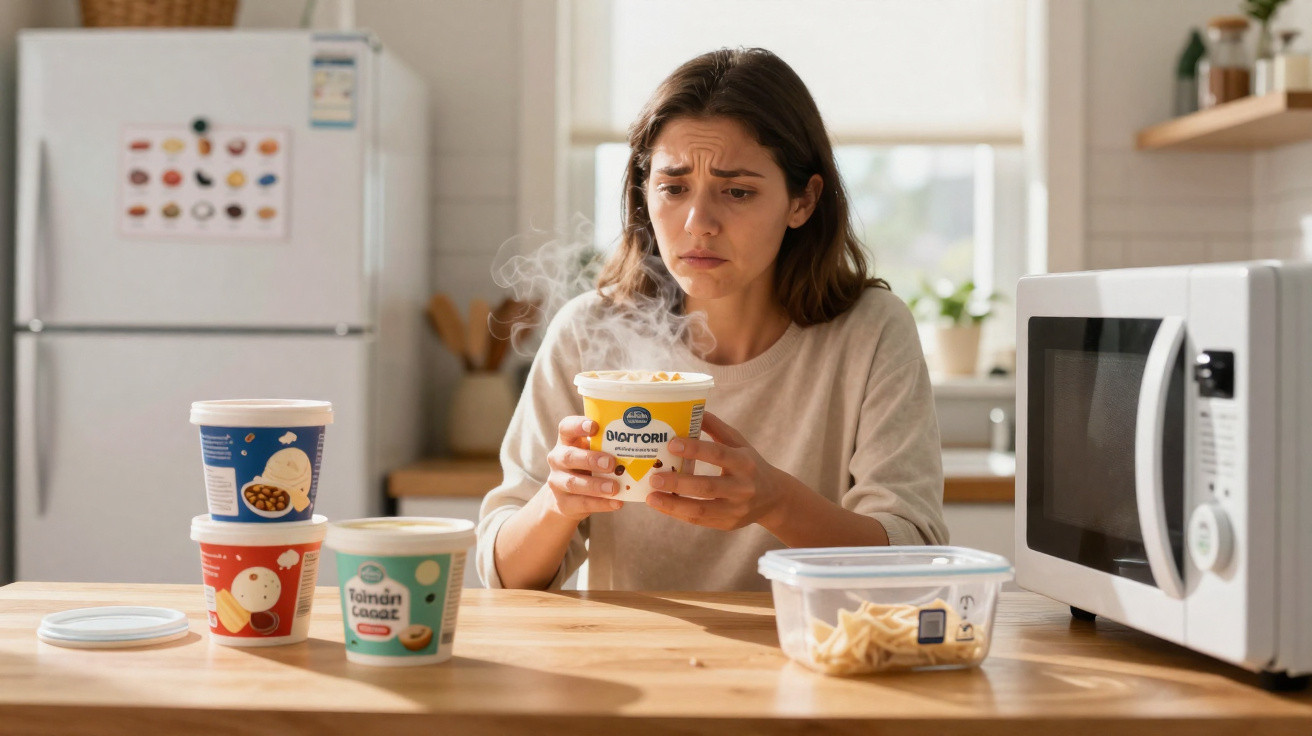 Mulher preocupada segura taça de gelado quente ao lado de micro-ondas numa cozinha.